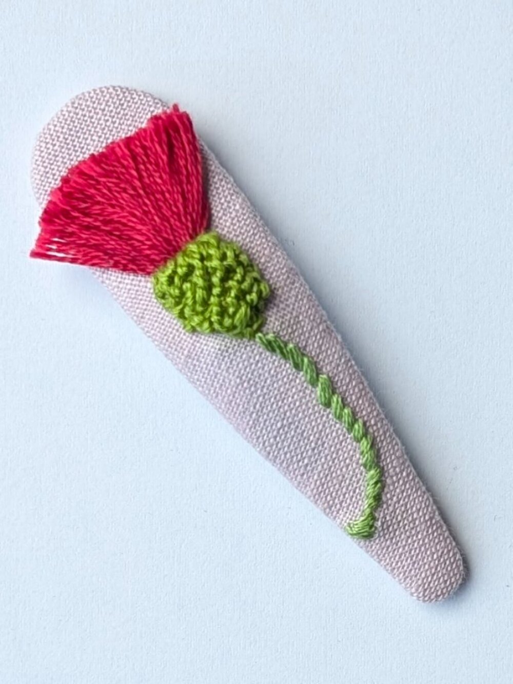 New Deep Red Thistle hand embroidered linen cotton large handmade hair clip